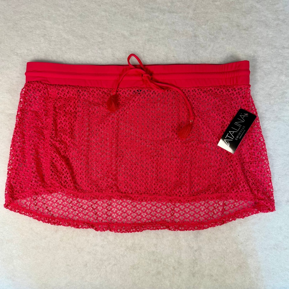 Catalina NWT Swimwear Size 2X Pink Mesh Skirt Cover Up Tassel Drawstring